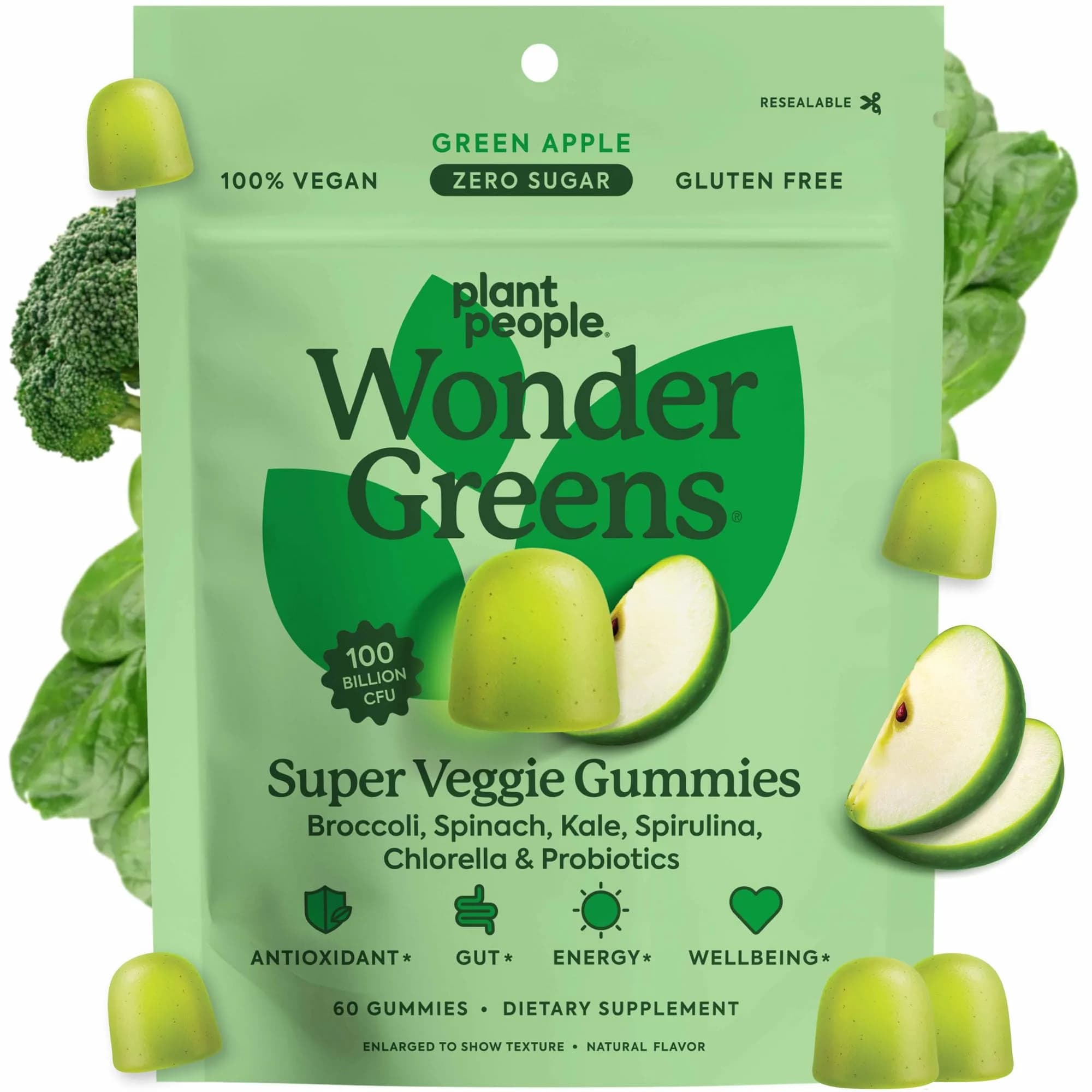 Plant People WonderGreens Veggie Gummies, Super Greens & Probiotics, 60ct | Vegan, Gluten-Free, Green Apple Flavor — Green