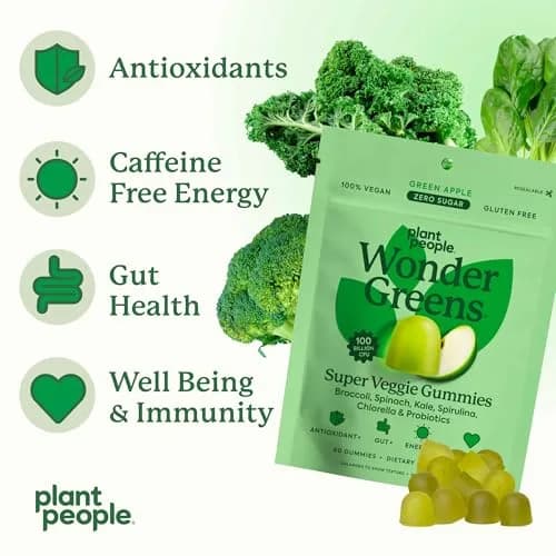 Plant People WonderGreens Veggie Gummies, Super Greens & Probiotics, 60ct | Vegan, Gluten-Free, Green Apple Flavor thumbnail 4