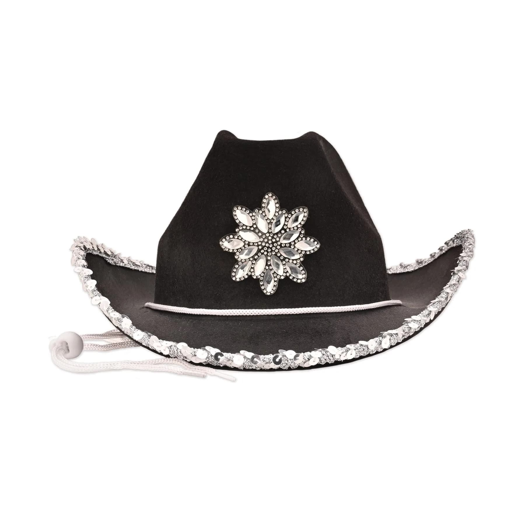Beistle Black Felt Cowgirl Hat with Gemstones | Novelty Western Costume Accessory — Black/Silver