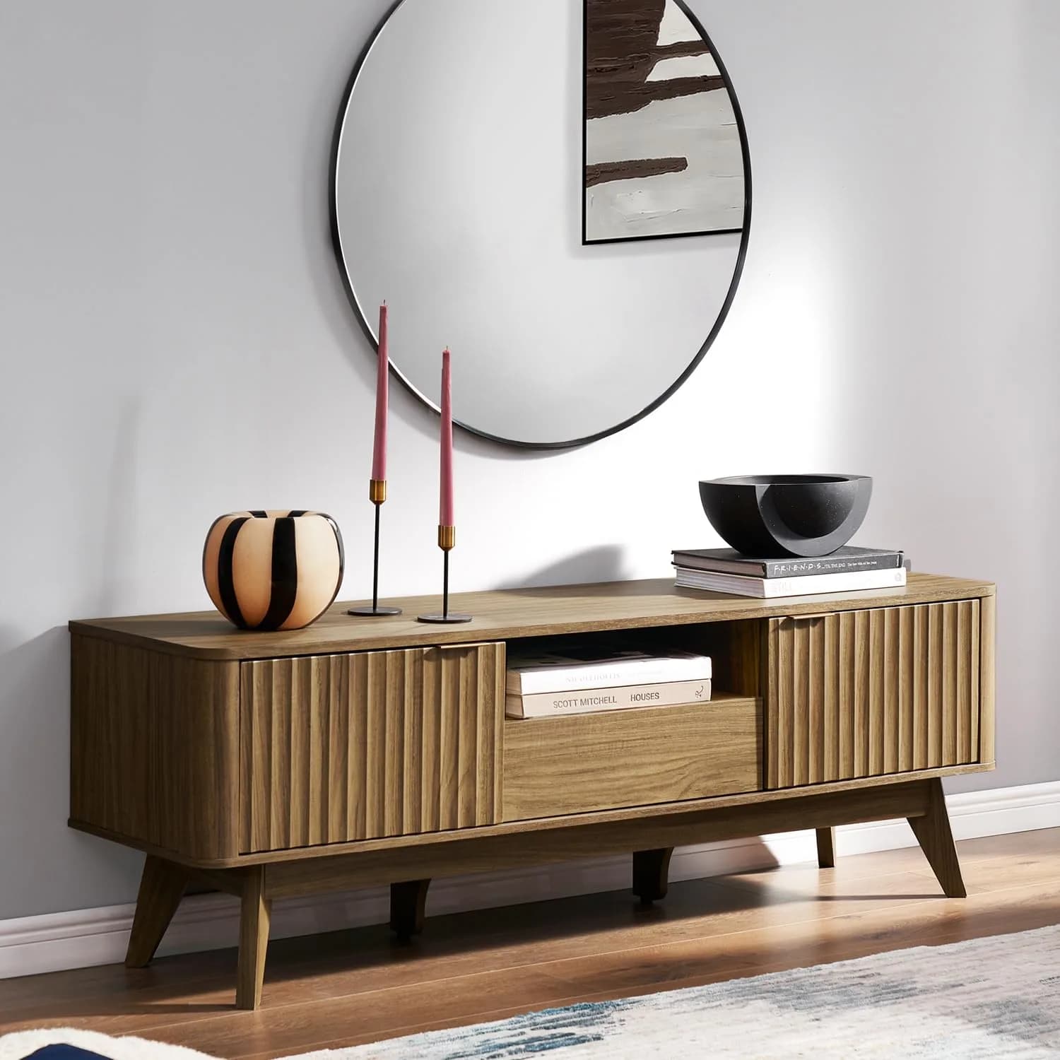 mopio Brooklyn TV Stand, Waveform, Mid-Century Modern 57" Walnut | Art Deco & Modern Style — Walnut