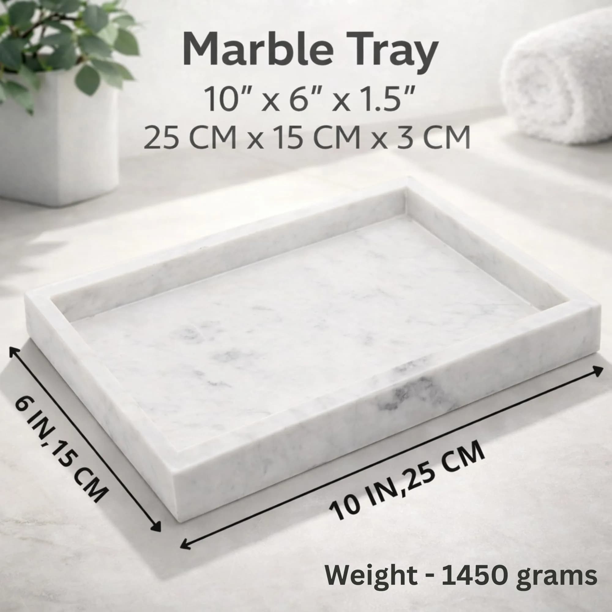 KC KULLICRAFT Natural White Marble Tray 25cm x 15cm (10" x 6") | Authentic Italian Carrara Marble Organizer - view 2