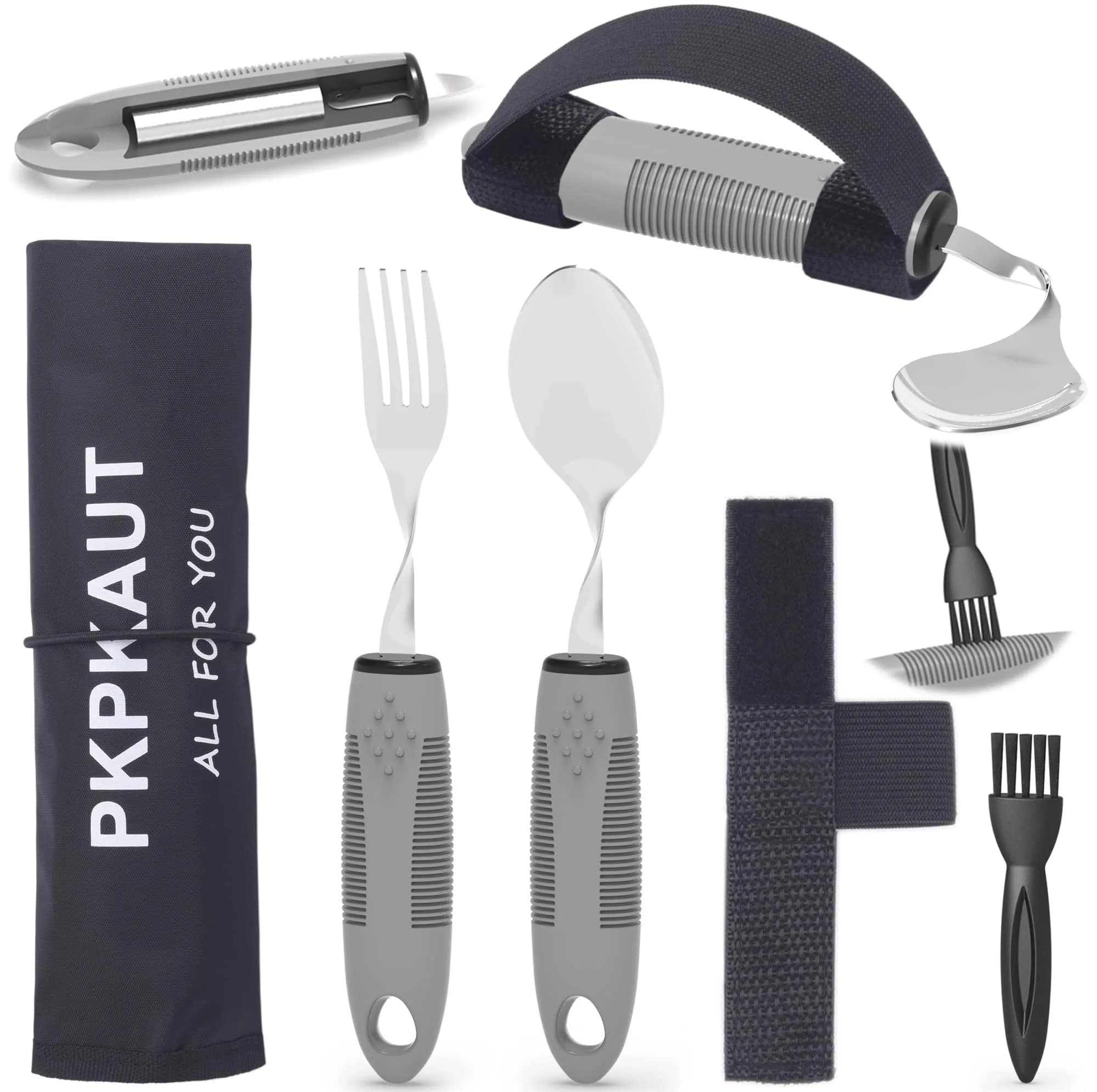 PKPKAUT Weighted Adaptive Utensils Set with Bendable Spoon & Fork 240g (8.5oz) | Aids Hand Tremors & Arthritis — Grey