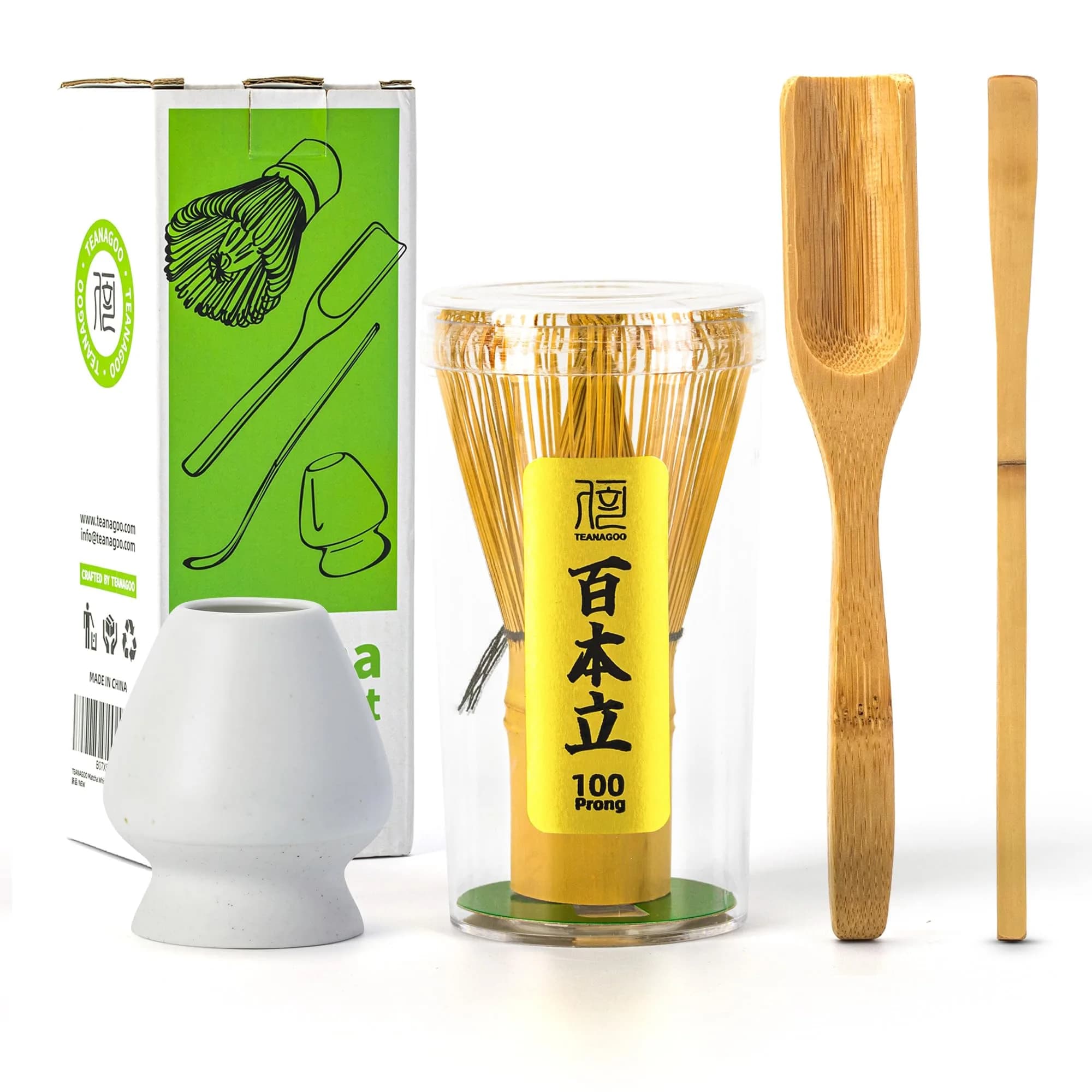 TEANAGOO Matcha Whisk Set, Bamboo Matcha Whisk (Chasen), 4 Pcs, 100 Prongs | Traditional Matcha Accessory