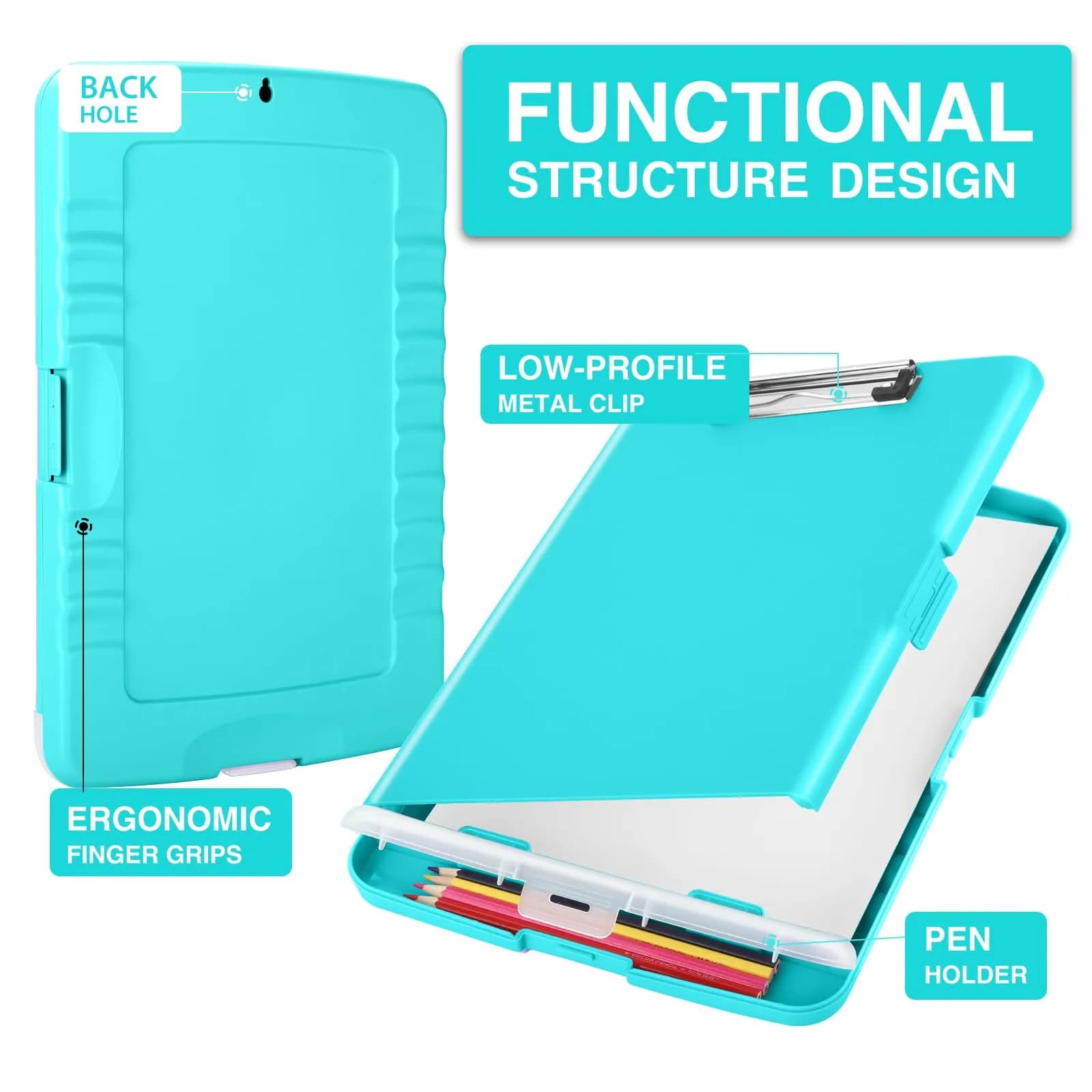 Sooez Sea Foam Green Storage Clipboard with Pen Holder & Compartments, 8.5x11 Letter Size | Organize School & Office Work - Mint Green - view 2