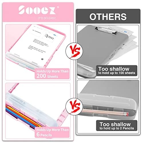Sooez Storage Clipboard with Pen Holder & Compartments, 8.5x11 Letter Size, Light Pink | High Capacity for Students & Professionals thumbnail 2