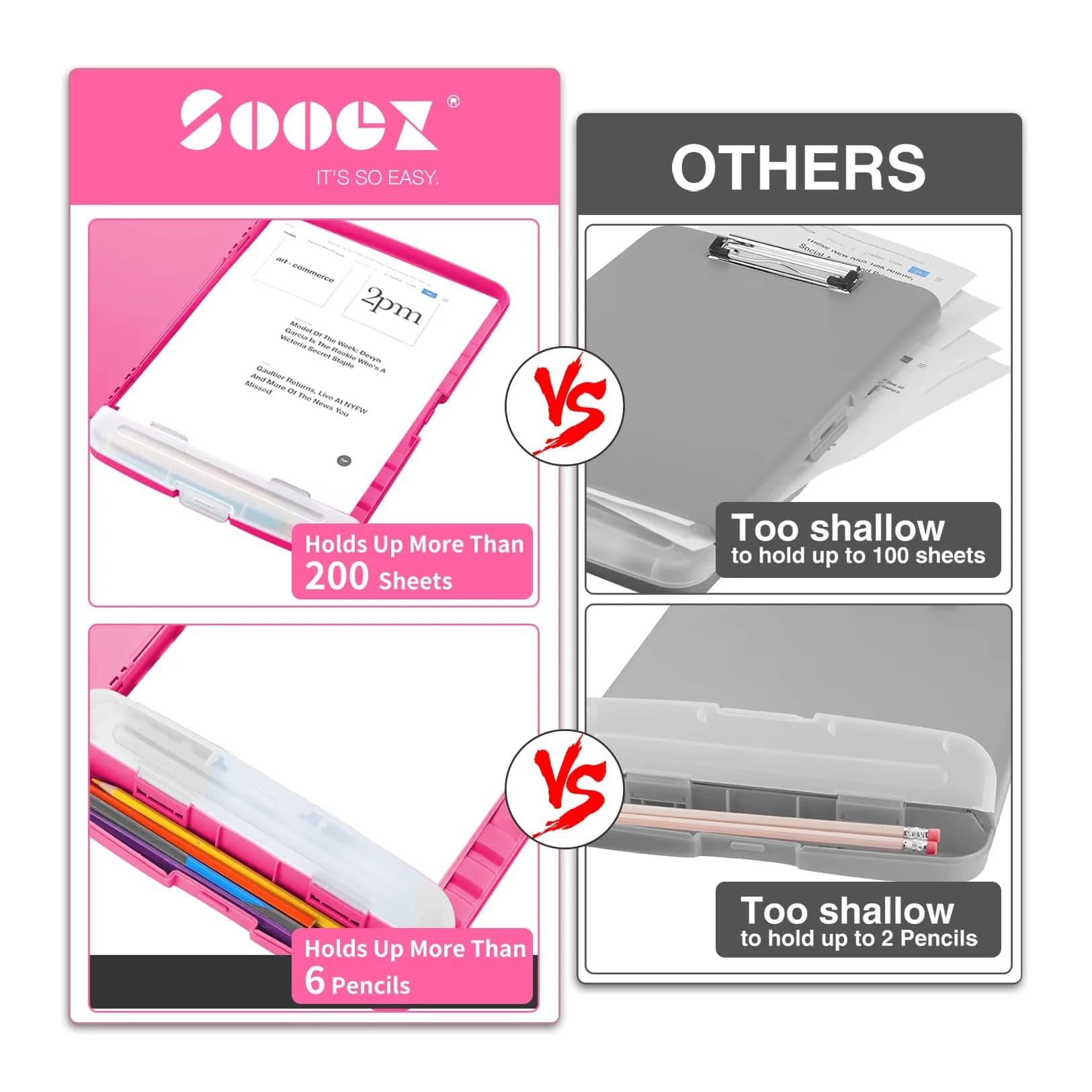 Sooez Storage Clipboard with Pen Holder, Heavy Duty Nursing Clipboard Folder, Plastic Clipboard for Women Teachers Work, School & Office Supplies (Rose Red, 8.5x11) - view 2