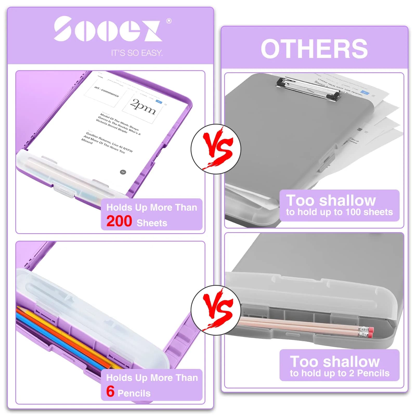 Sooez Storage Clipboard 34cm (13.4") Light Purple | High Capacity with Pen Holder for Students & Teachers - view 3