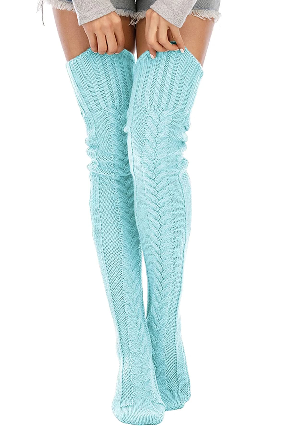 Leoparts Women's Cable Knit Thigh High Socks Over Knee Leg Warmer Stockings | Versatile Winter Stockings for Women — 626-pastel Blue