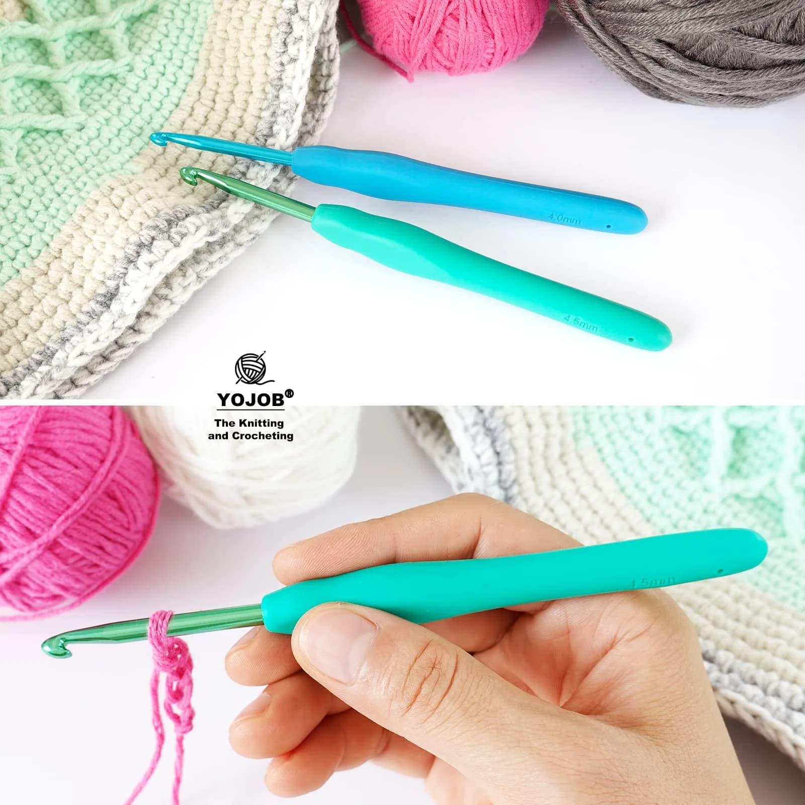 YOJOB Ergonomic Crochet Hooks Set (4mm, 4.5mm) | Smooth Aluminum Metal with Soft Grip - view 4