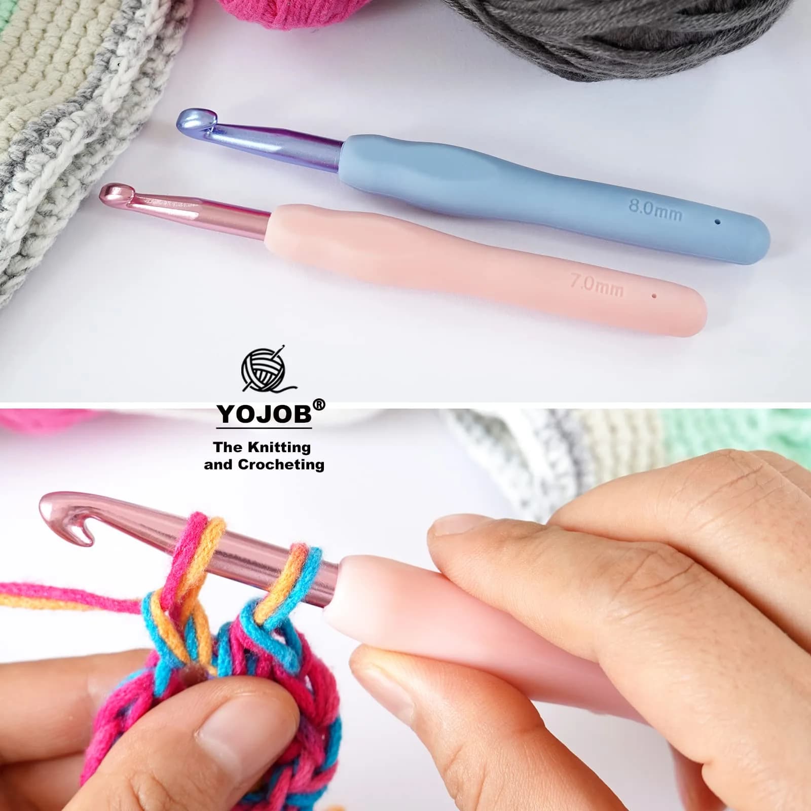 YOJOB Ergonomic Crochet Hooks Set (7mm, 8mm) | Smooth Aluminum Metal with Soft Grip - view 4