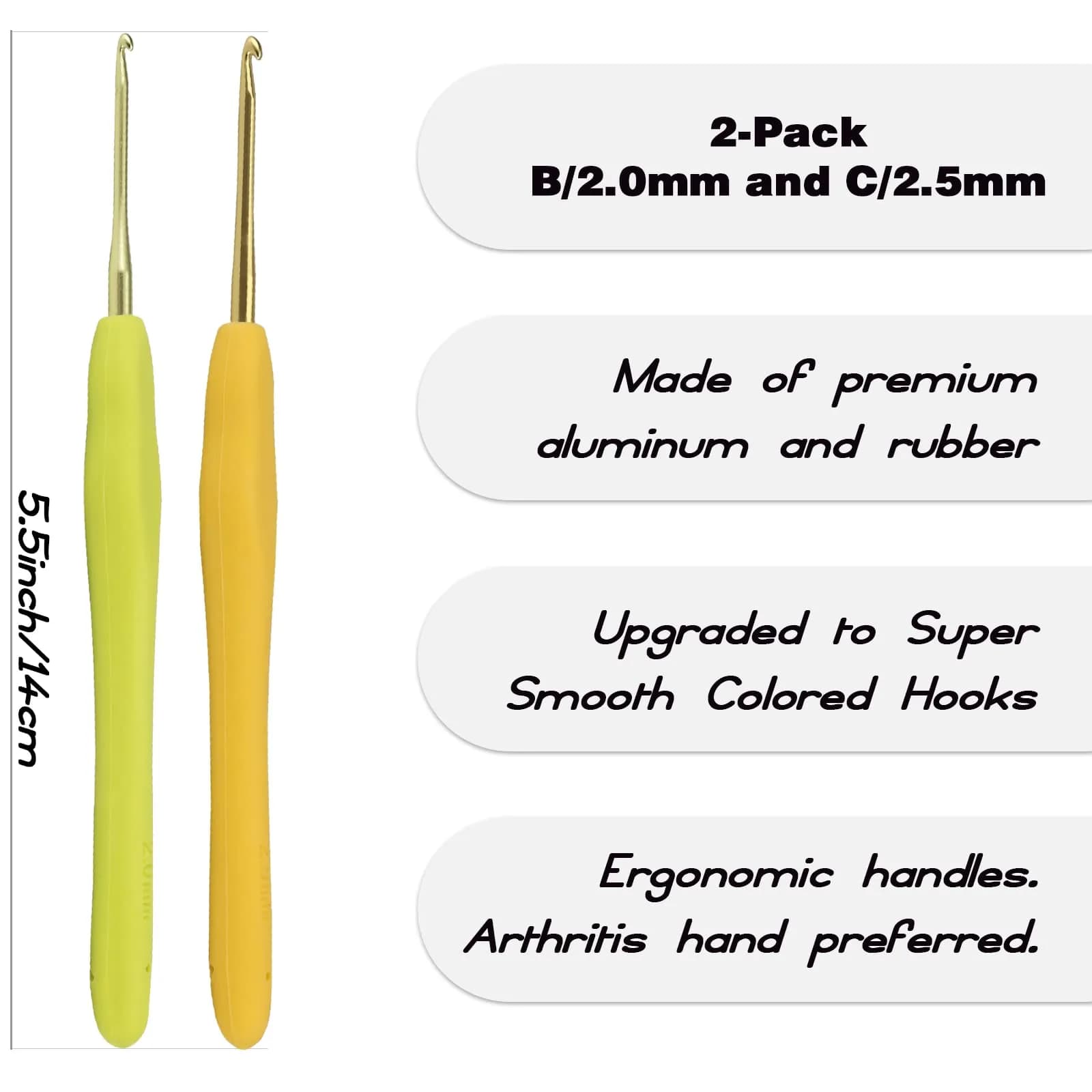 YOJOB Ergonomic Crochet Hooks 2mm (B) & 2.5mm (C) - Smooth Aluminum Metal Handle Set | Pack of 2 - view 2