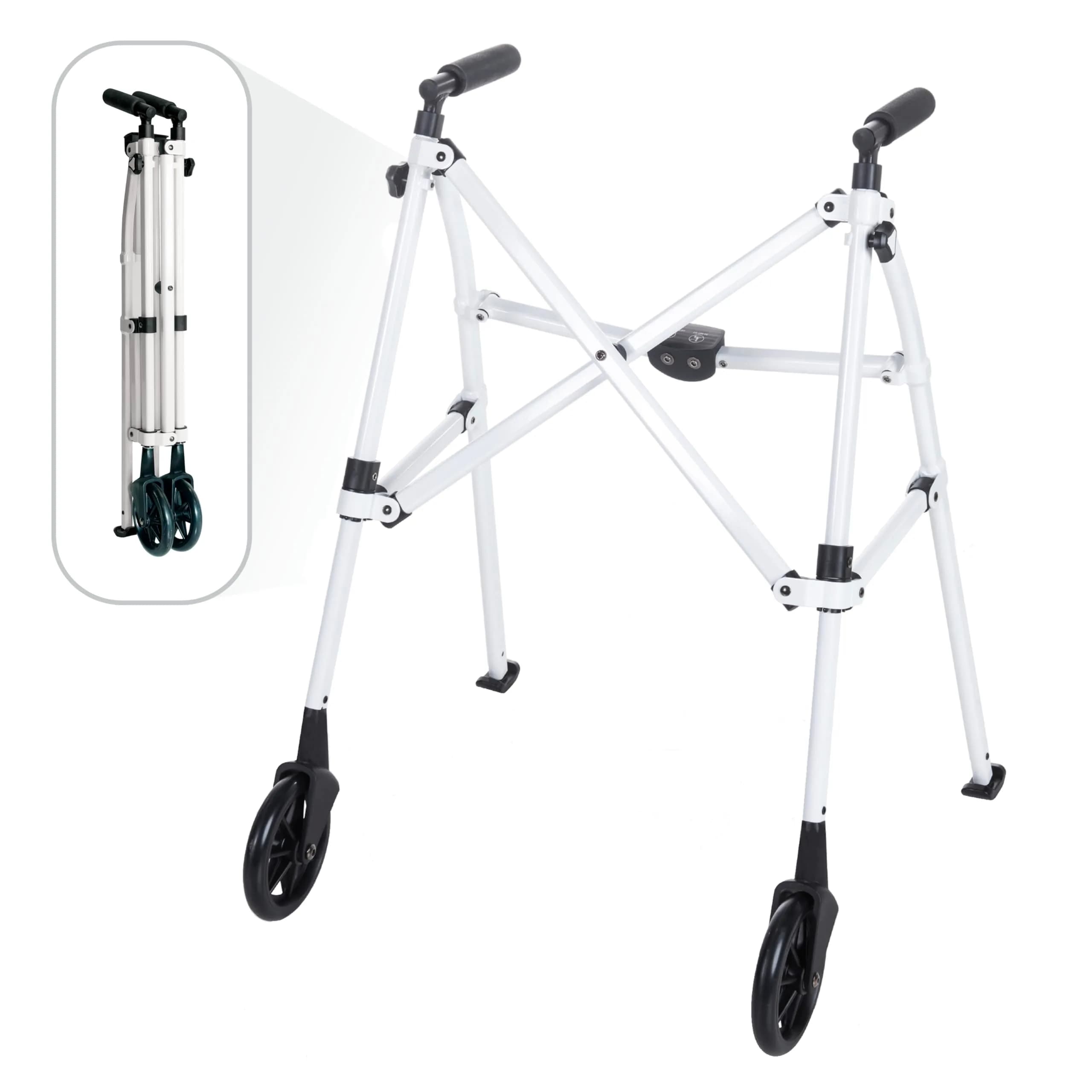 Stander Space Saver Walker Lightweight Folding Mobility Aid for Seniors & Adults, Compact 2-Wheel Device with 6-inch Wheels & Ski Glides, Vivid White | Space-Saving Design — Vivid White