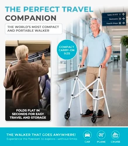 Stander Space Saver Walker Lightweight Folding Mobility Aid for Seniors & Adults, Compact 2-Wheel Device with 6-inch Wheels & Ski Glides, Vivid White | Space-Saving Design thumbnail 4