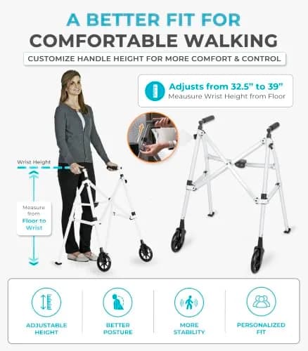 Stander Space Saver Walker Lightweight Folding Mobility Aid for Seniors & Adults, Compact 2-Wheel Device with 6-inch Wheels & Ski Glides, Vivid White | Space-Saving Design thumbnail 5