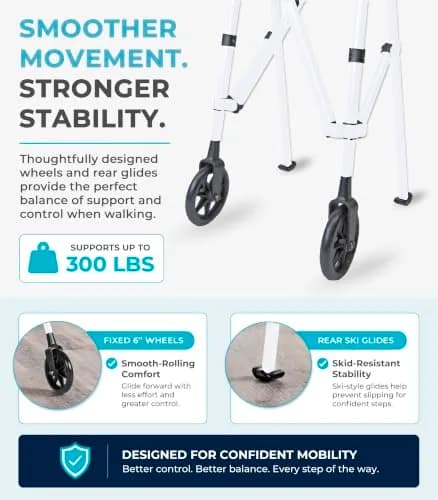 Stander Space Saver Walker Lightweight Folding Mobility Aid for Seniors & Adults, Compact 2-Wheel Device with 6-inch Wheels & Ski Glides, Vivid White | Space-Saving Design thumbnail 6