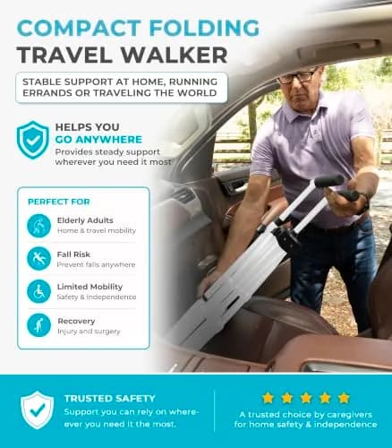 Stander Space Saver Walker Lightweight Folding Mobility Aid for Seniors & Adults, Compact 2-Wheel Device with 6-inch Wheels & Ski Glides, Vivid White | Space-Saving Design thumbnail 7