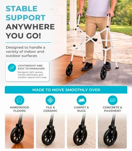 Stander Space Saver Walker Lightweight Folding Mobility Aid for Seniors & Adults, Compact 2-Wheel Device with 6-inch Wheels & Ski Glides, Vivid White | Space-Saving Design thumbnail 8