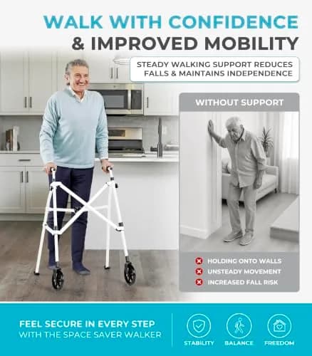 Stander Space Saver Walker Lightweight Folding Mobility Aid for Seniors & Adults, Compact 2-Wheel Device with 6-inch Wheels & Ski Glides, Vivid White | Space-Saving Design thumbnail 2