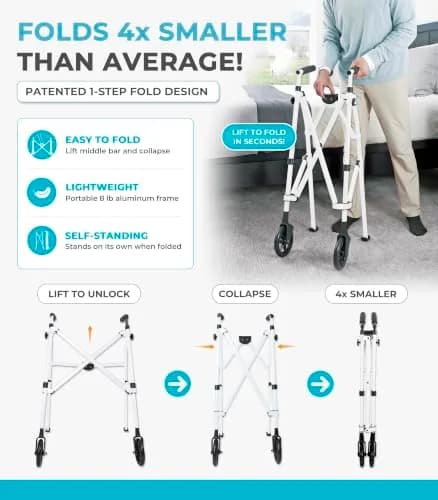 Stander Space Saver Walker Lightweight Folding Mobility Aid for Seniors & Adults, Compact 2-Wheel Device with 6-inch Wheels & Ski Glides, Vivid White | Space-Saving Design thumbnail 3