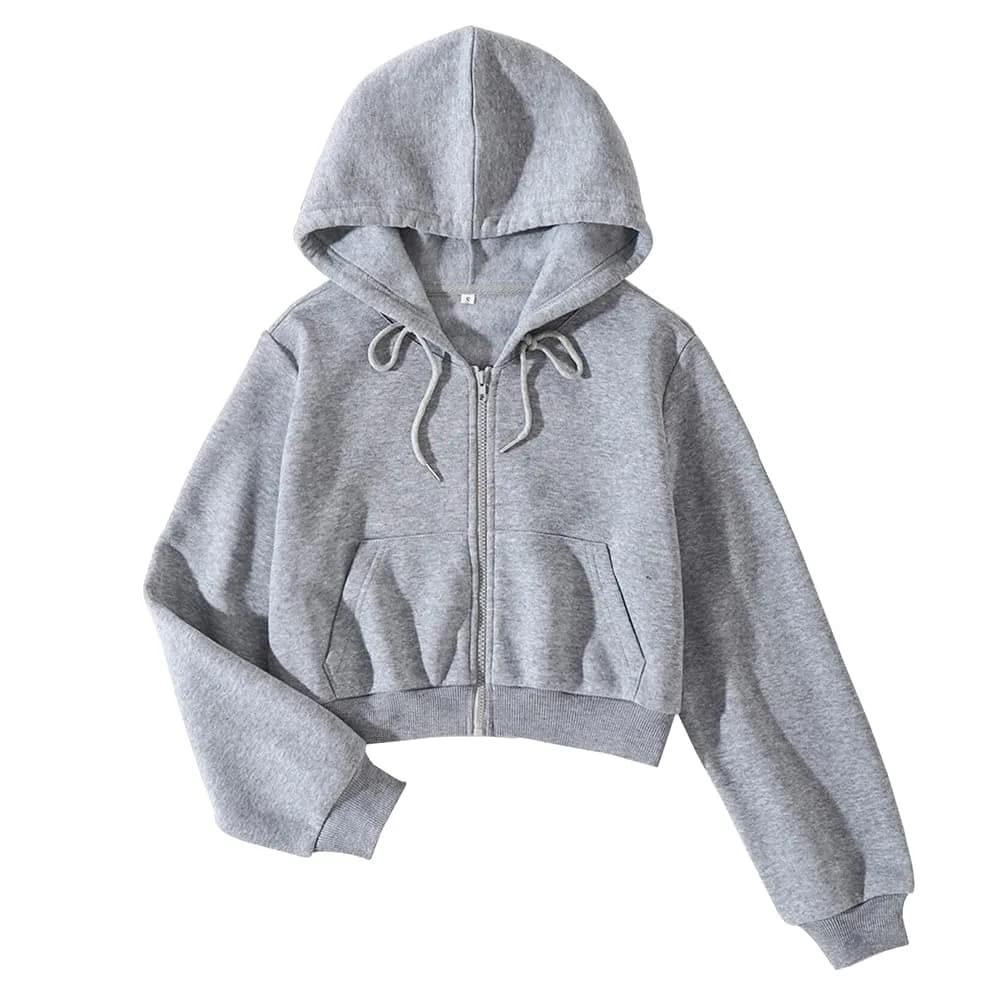 LOFAAC Women Fleece Full Zip Up Cropped Hoodie Sweatshirt 90s Long Sleeve Drawstring Hooded Crop Jacket Top (S,US,Women,Light Grey) | Casual Workout Style