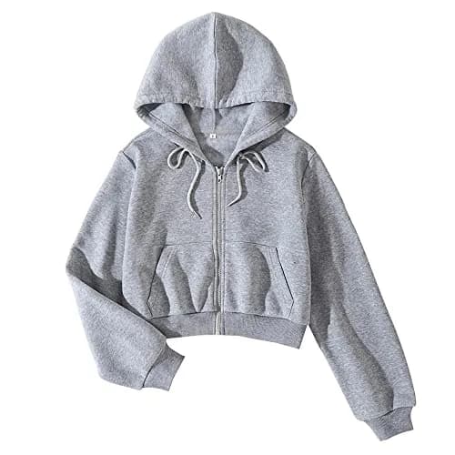 LOFAAC Women Fleece Full Zip Up Cropped Hoodie Sweatshirt 90s Long Sleeve Drawstring Hooded Crop Jacket Top (S,US,Women,Light Grey) | Casual Workout Style thumbnail 1