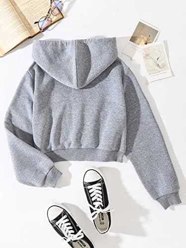 LOFAAC Women Fleece Full Zip Up Cropped Hoodie Sweatshirt 90s Long Sleeve Drawstring Hooded Crop Jacket Top (S,US,Women,Light Grey) | Casual Workout Style thumbnail 4