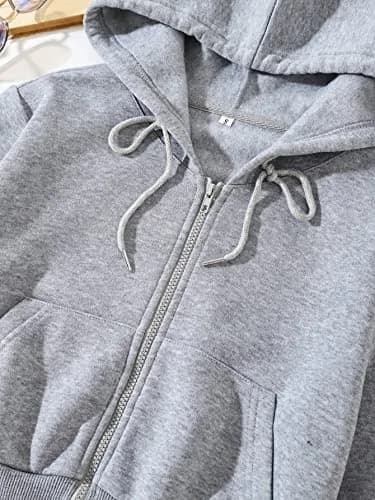 LOFAAC Women Fleece Full Zip Up Cropped Hoodie Sweatshirt 90s Long Sleeve Drawstring Hooded Crop Jacket Top (S,US,Women,Light Grey) | Casual Workout Style thumbnail 6