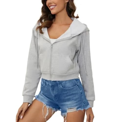 LOFAAC Women Fleece Full Zip Up Cropped Hoodie Sweatshirt 90s Long Sleeve Drawstring Hooded Crop Jacket Top (S,US,Women,Light Grey) | Casual Workout Style thumbnail 2