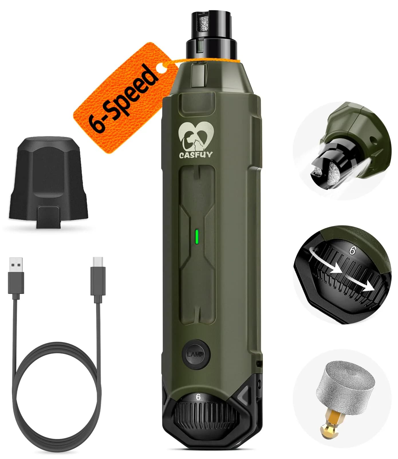 Casfuy Dog Nail Grinder 6-Speed Army Green | Super Quiet Rechargeable Pet Nail Trimmer — Army Green