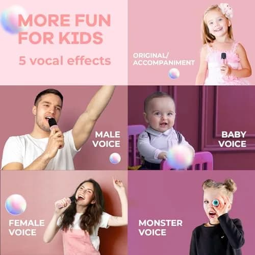 YLL Pink Karaoke Machine for Kids | Portable Bluetooth Speaker with 2 Wireless Microphones & Magic Voices (Mini Size) thumbnail 4