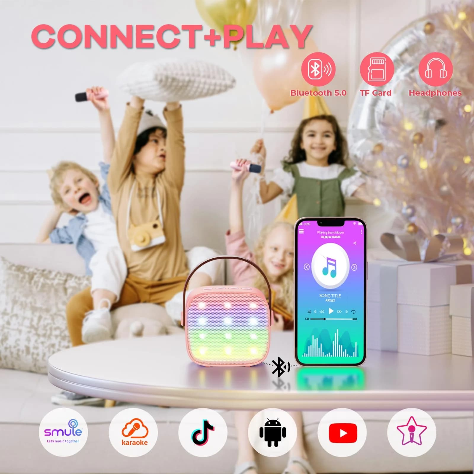 YLL Pink Karaoke Machine for Kids | Portable Bluetooth Speaker with 2 Wireless Microphones & Magic Voices (Mini Size) - view 5