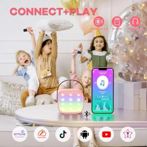 YLL Pink Karaoke Machine for Kids | Portable Bluetooth Speaker with 2 Wireless Microphones & Magic Voices (Mini Size) thumbnail 5