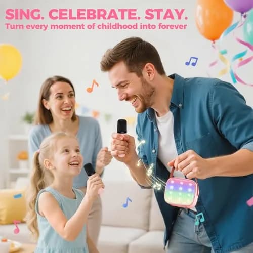YLL Pink Karaoke Machine for Kids | Portable Bluetooth Speaker with 2 Wireless Microphones & Magic Voices (Mini Size) thumbnail 6