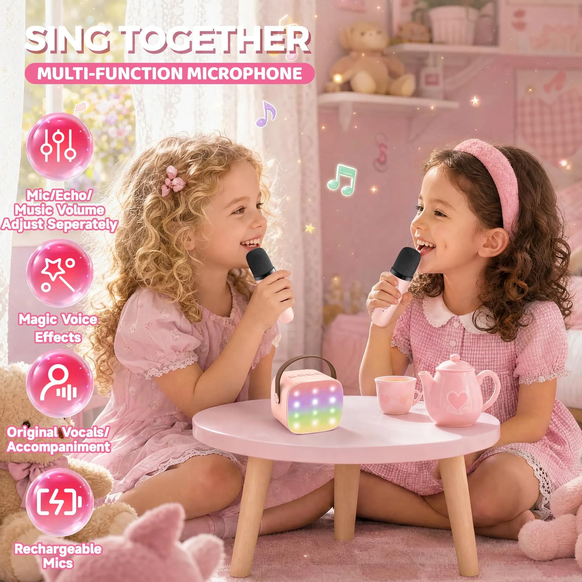YLL Pink Karaoke Machine for Kids | Portable Bluetooth Speaker with 2 Wireless Microphones & Magic Voices (Mini Size) - view 7