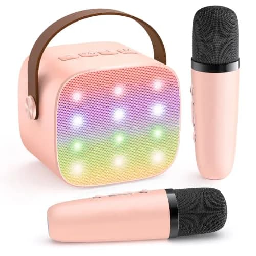 YLL Pink Karaoke Machine for Kids | Portable Bluetooth Speaker with 2 Wireless Microphones & Magic Voices (Mini Size) thumbnail 1
