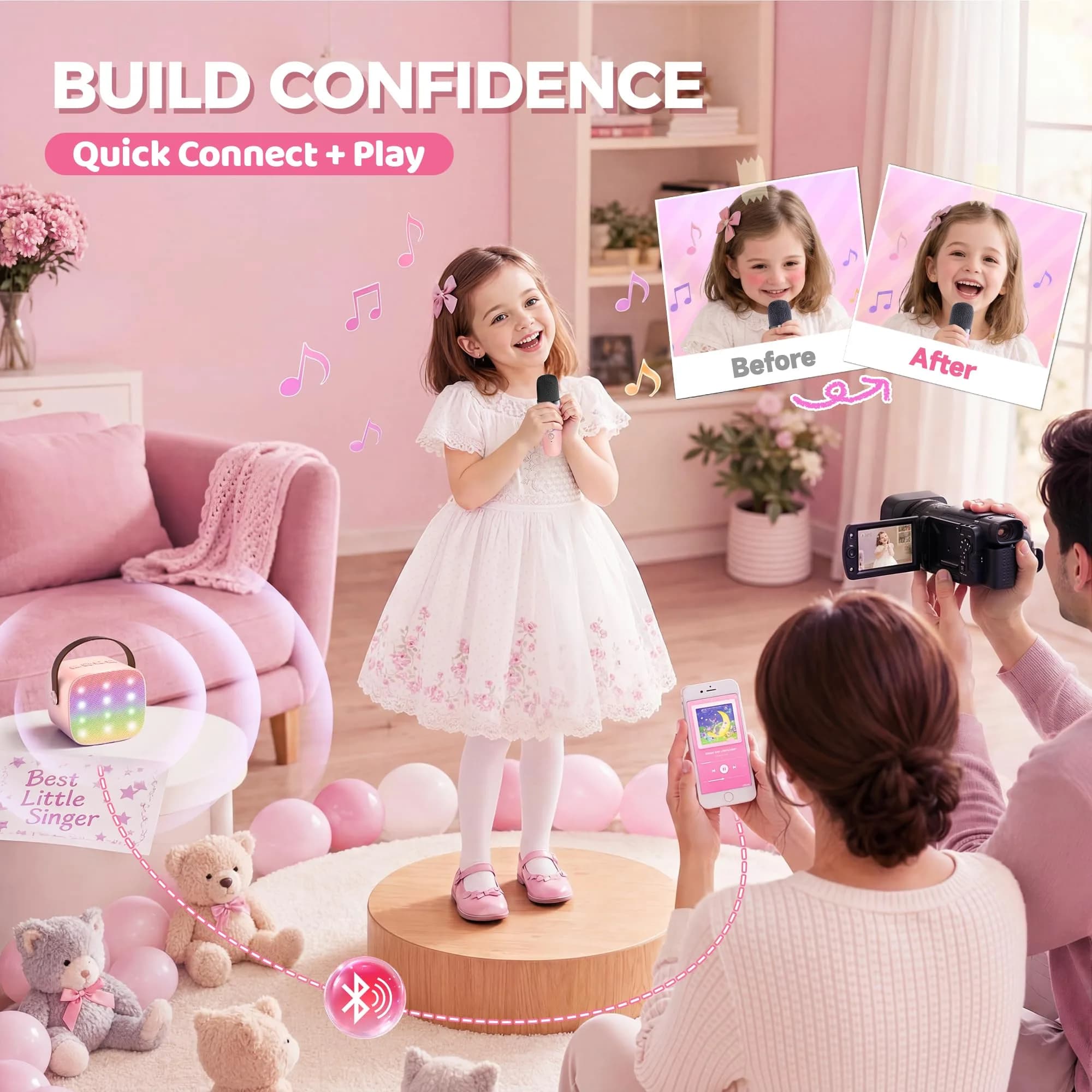 YLL Pink Karaoke Machine for Kids | Portable Bluetooth Speaker with 2 Wireless Microphones & Magic Voices (Mini Size) - view 8