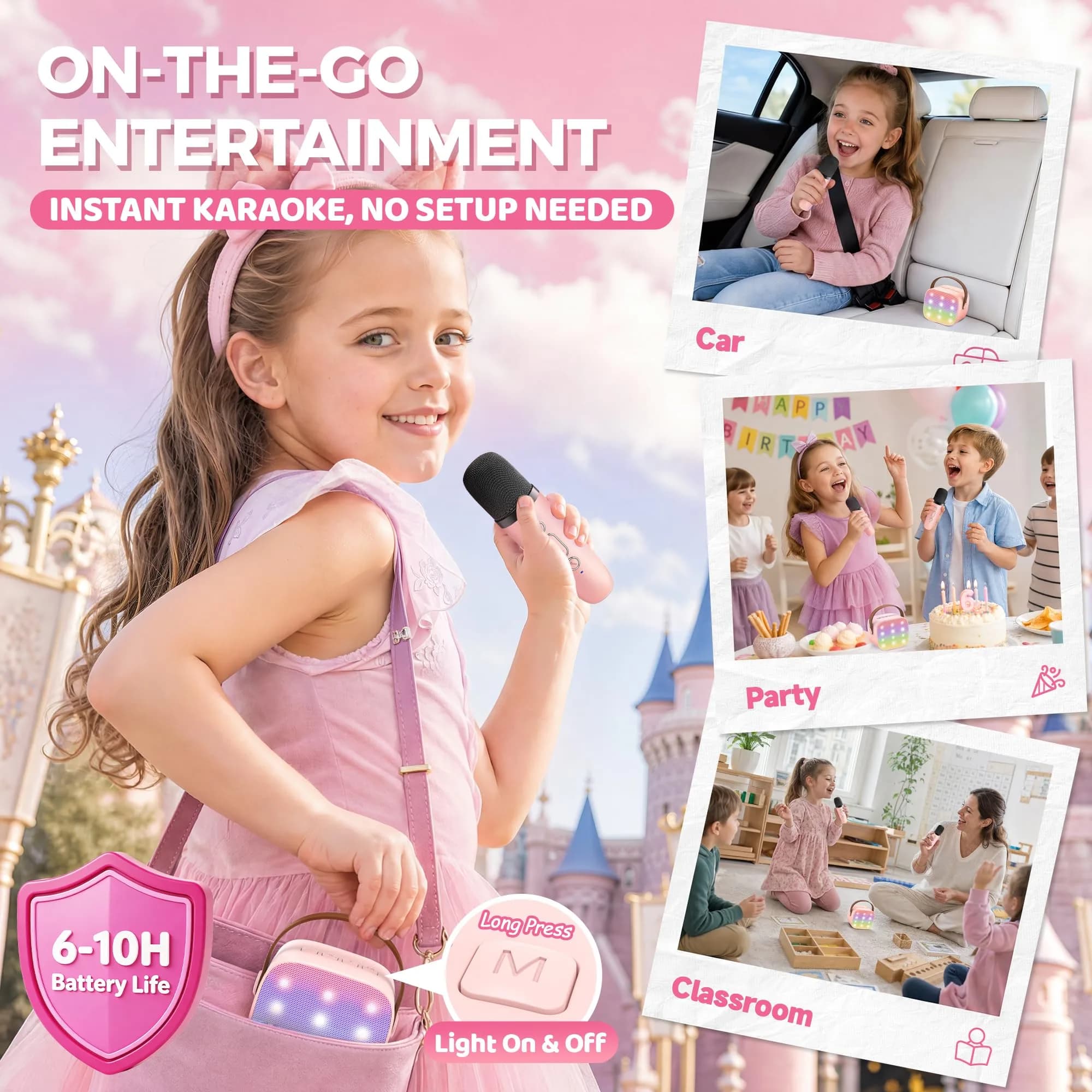 YLL Pink Karaoke Machine for Kids | Portable Bluetooth Speaker with 2 Wireless Microphones & Magic Voices (Mini Size) - view 9