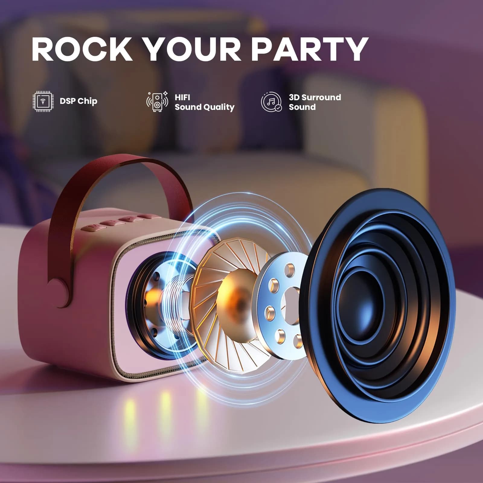 YLL Pink Karaoke Machine for Kids | Portable Bluetooth Speaker with 2 Wireless Microphones & Magic Voices (Mini Size) - view 3