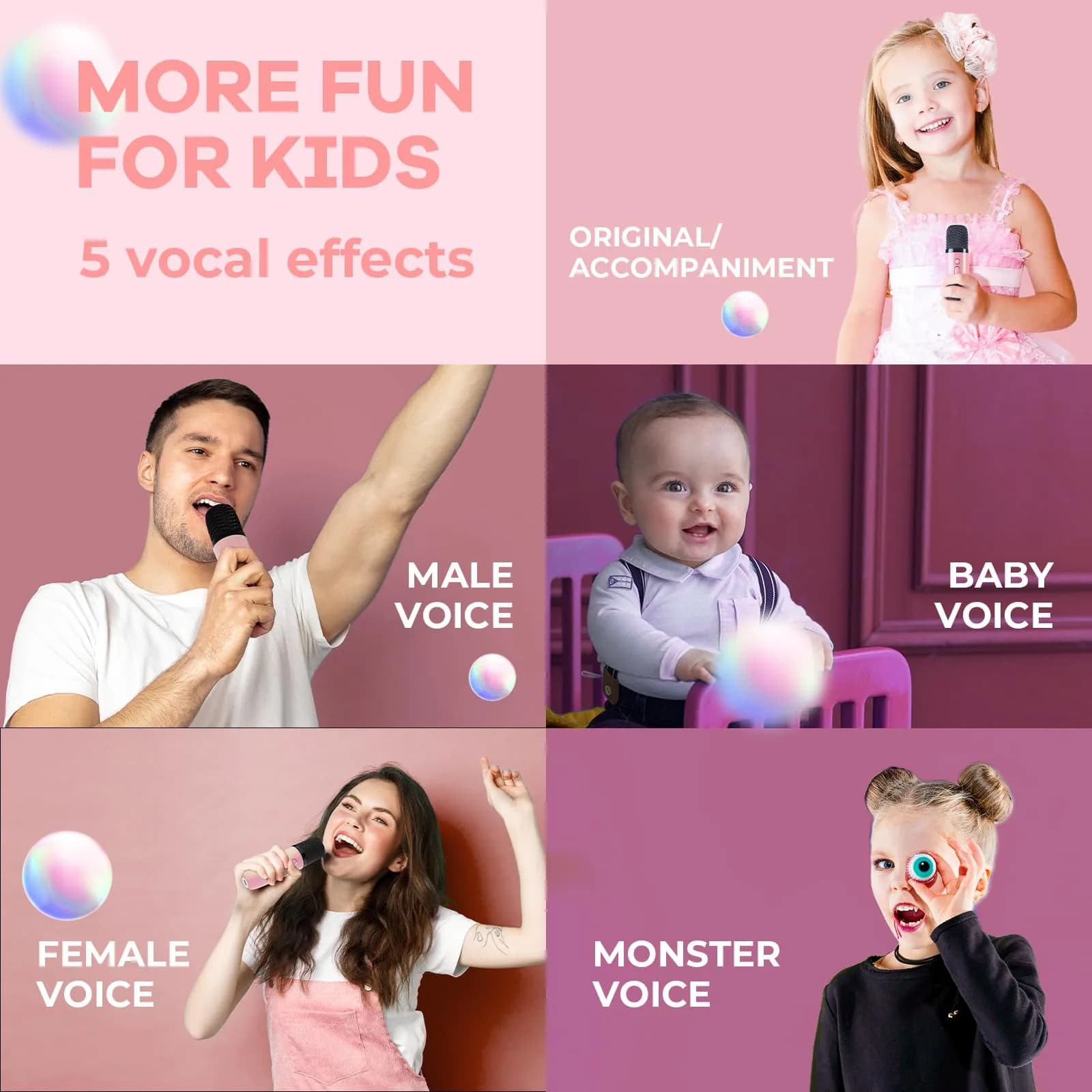YLL Pink Karaoke Machine for Kids | Portable Bluetooth Speaker with 2 Wireless Microphones & Magic Voices (Mini Size) - view 4