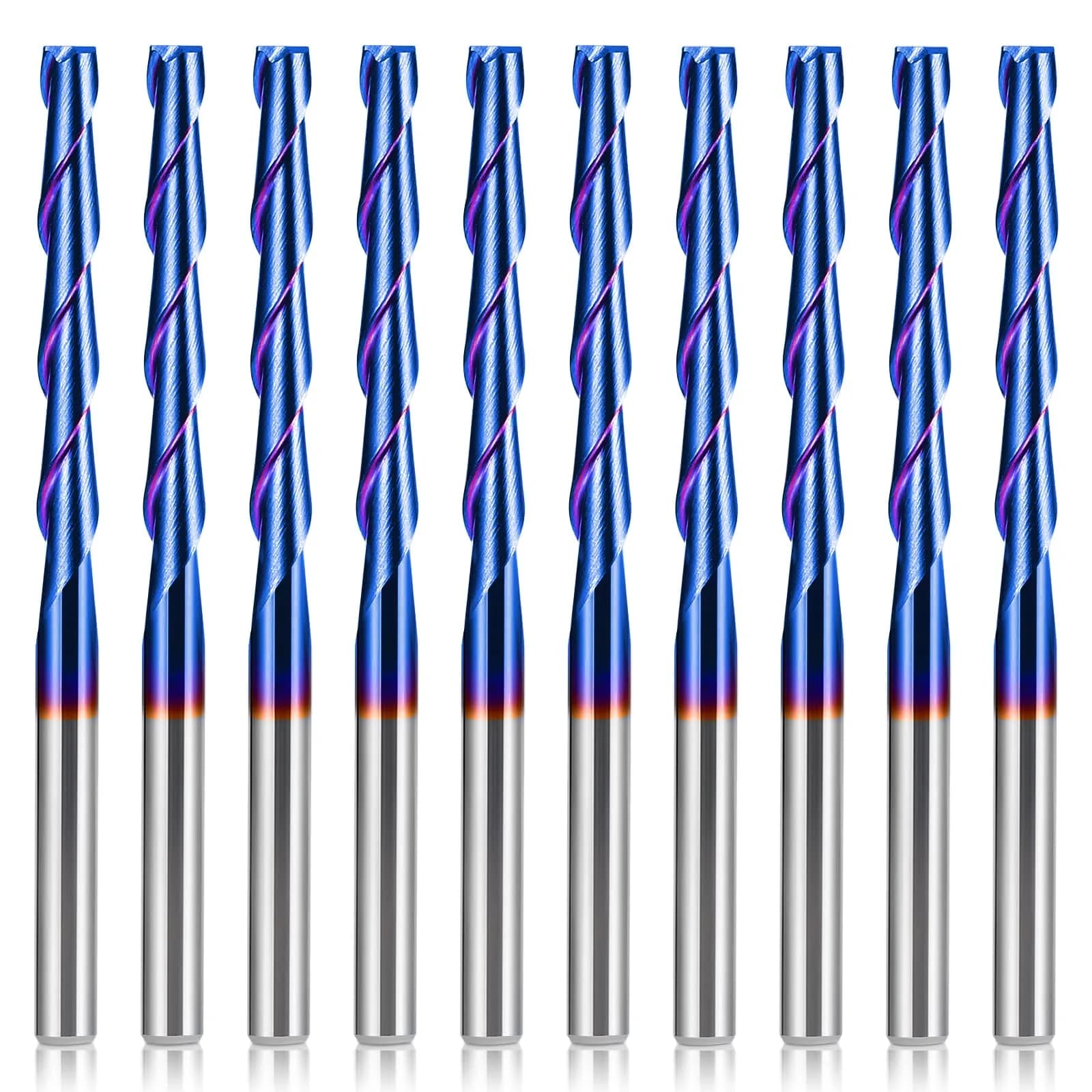 HQMaster 1/8" Shank 2-Flute Upcut CNC Router Bits 10pcs | Solid Carbide Spiral End Mill for Woodworking — 1/8"CED x 1/8"SD x 1"CEL x 2"OAL