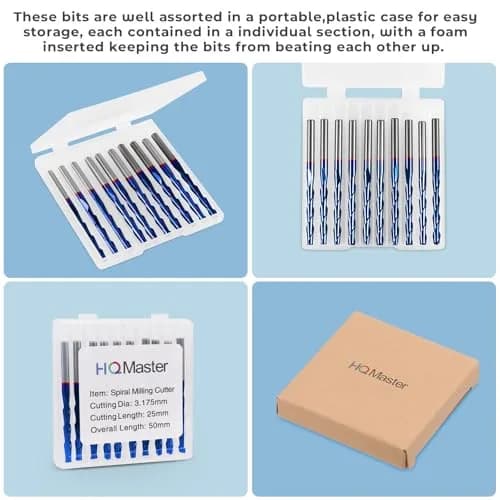 HQMaster 1/8" Shank CNC Router Bits 2 Flute Upcut End Mill 10pcs | 3.175mm Carbide for Wood PVC Acrylic thumbnail 3