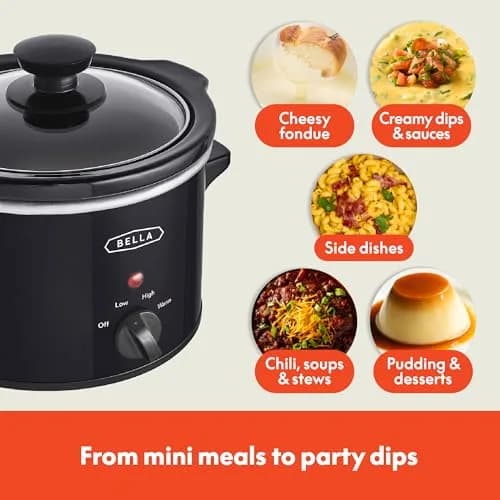 BELLA 1.5QT Slow Cooker | Non-Toxic Ceramic Coating, 3 Heat Settings, Black thumbnail 5