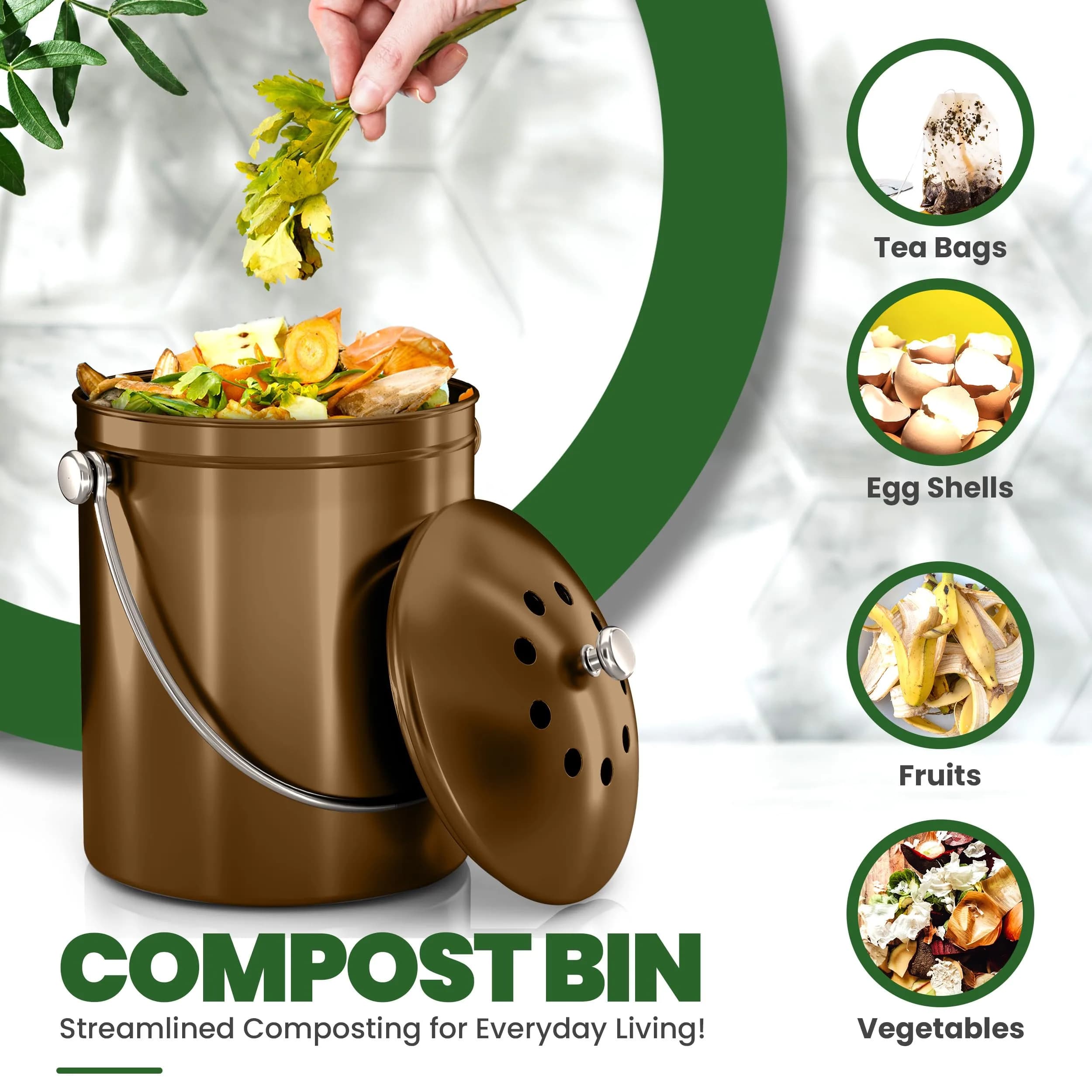 Utopia Kitchen Countertop Compost Bin 1.3 Gallon (4.9L) Stainless Steel Bronze | Odorless Kitchen Waste Container - view 4
