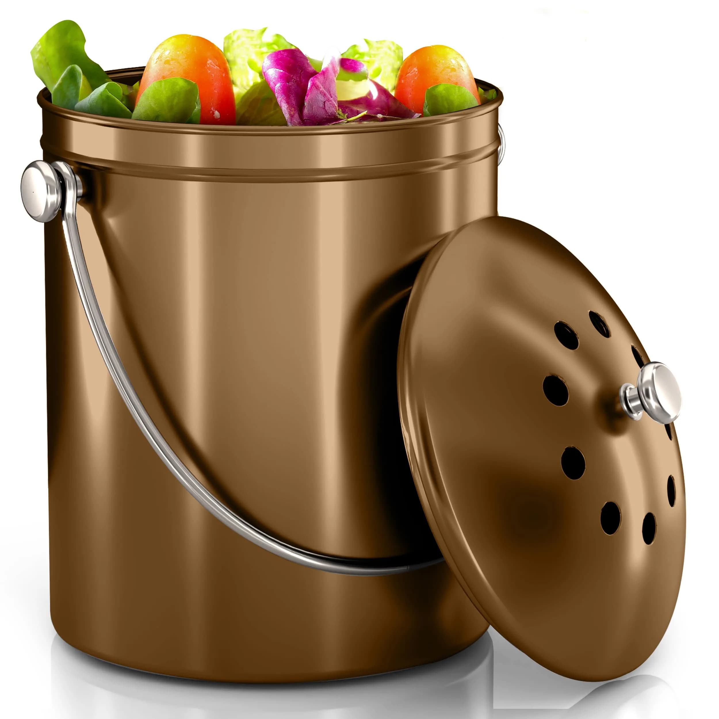 Utopia Kitchen Countertop Compost Bin 1.3 Gallon (4.9L) Stainless Steel Bronze | Odorless Kitchen Waste Container - main product image