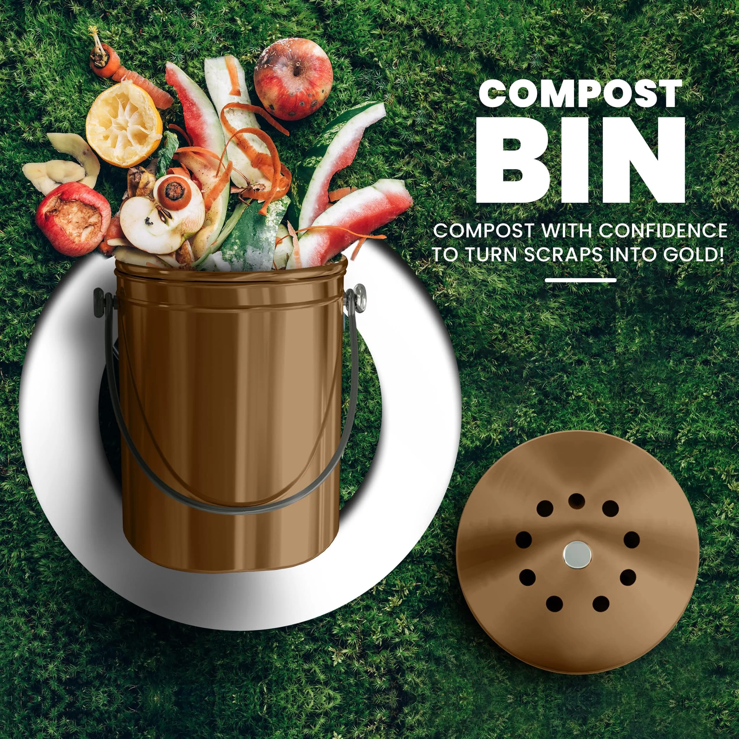 Utopia Kitchen Countertop Compost Bin 1.3 Gallon (4.9L) Stainless Steel Bronze | Odorless Kitchen Waste Container - view 2