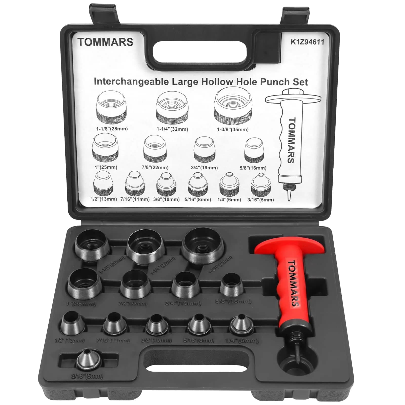 TOMMARS 14-Piece Hollow Punch Set 5-35 mm (3/16 to 1-3/8 Inch) | Heavy Duty Alloy Steel Gasket Cutter Kit — Red