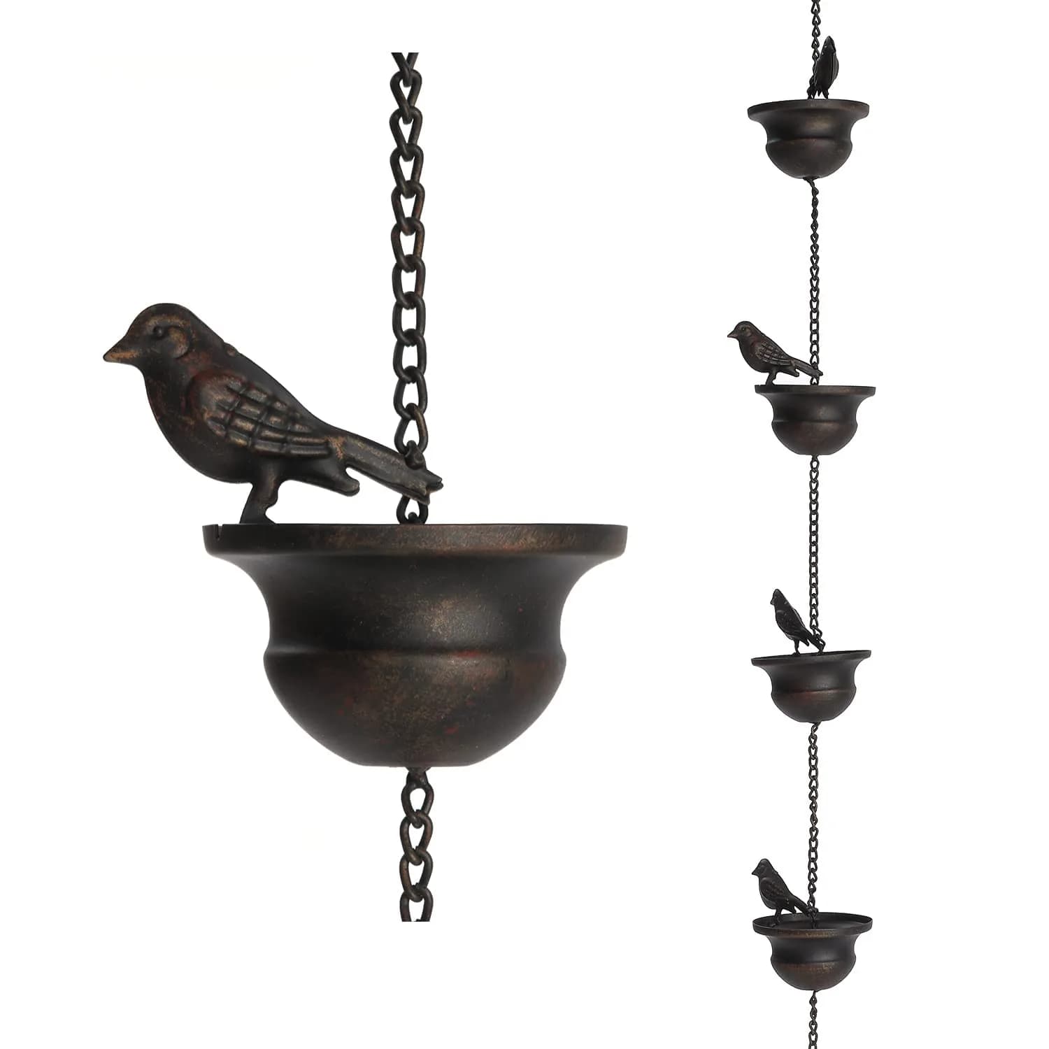 Jemeni 12 ft Dark Bronze Metal Bird Rain Chain with 8 Cups | Rust-Proof Outdoor Decor - main product image