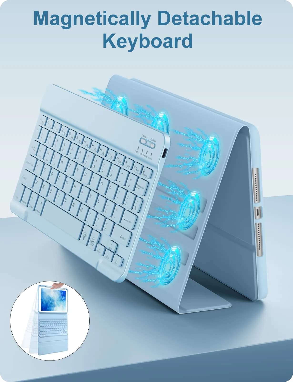 Hamile Detachable Keyboard Case for iPad 9/8/7th Gen 10.2" & Air 3/Pro 10.5" | 7 Color Backlit, Wireless Bluetooth, Pencil Holder, Blue - view 6