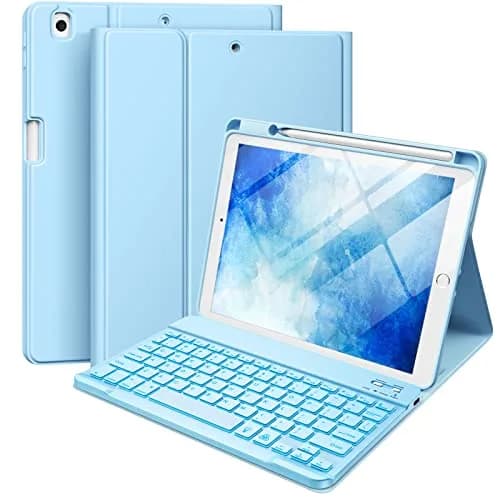 Hamile Detachable Keyboard Case for iPad 9/8/7th Gen 10.2" & Air 3/Pro 10.5" | 7 Color Backlit, Wireless Bluetooth, Pencil Holder, Blue thumbnail 1