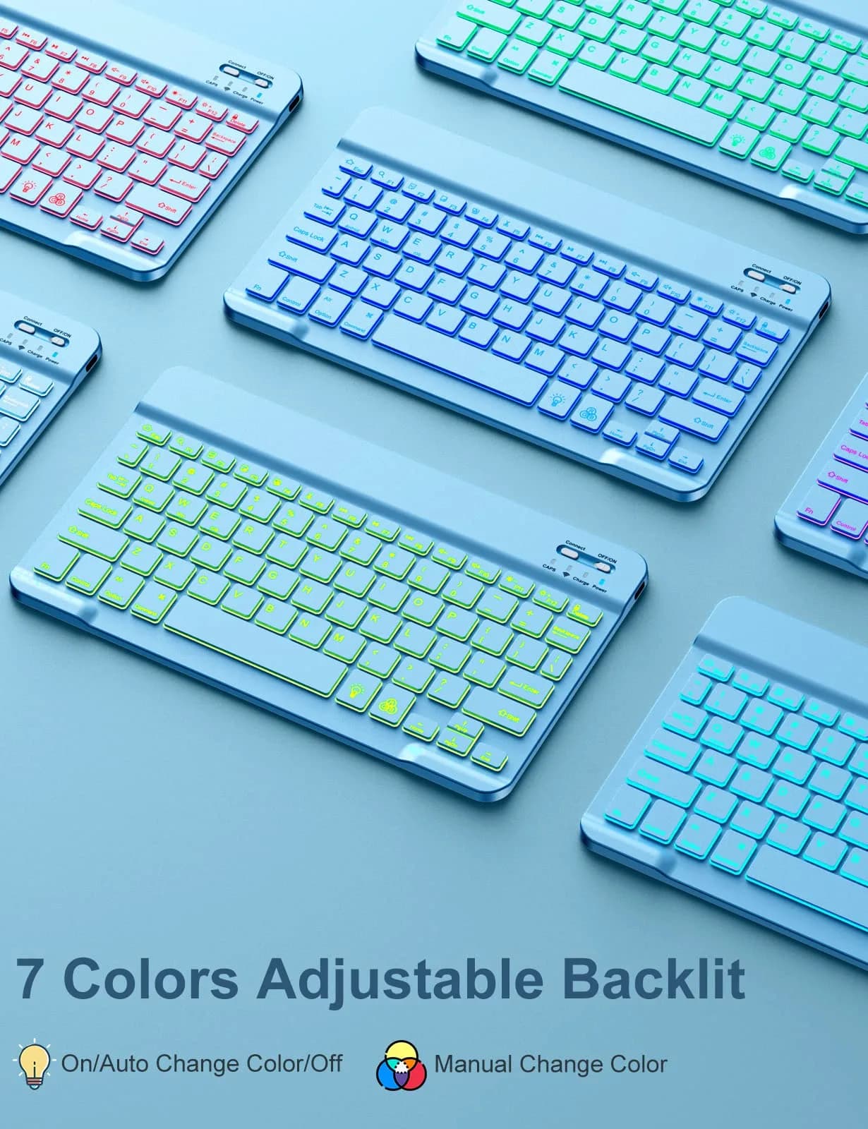 Hamile Detachable Keyboard Case for iPad 9/8/7th Gen 10.2" & Air 3/Pro 10.5" | 7 Color Backlit, Wireless Bluetooth, Pencil Holder, Blue - view 4